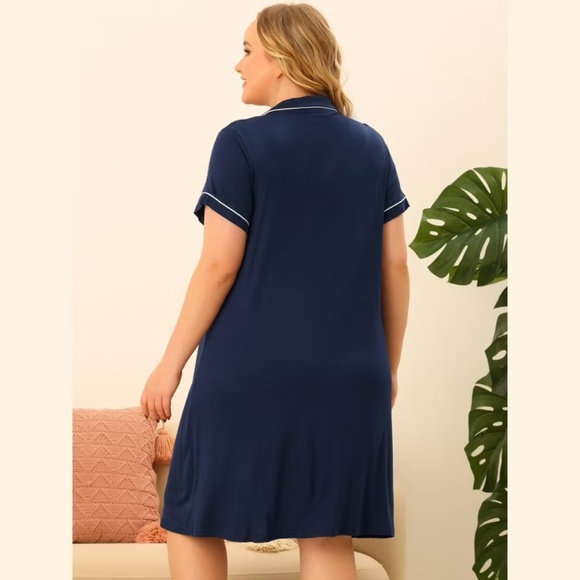 Plus Size Short Sleeve Button Down Navy nightgown with White Piping  1X - Picture 6 of 7